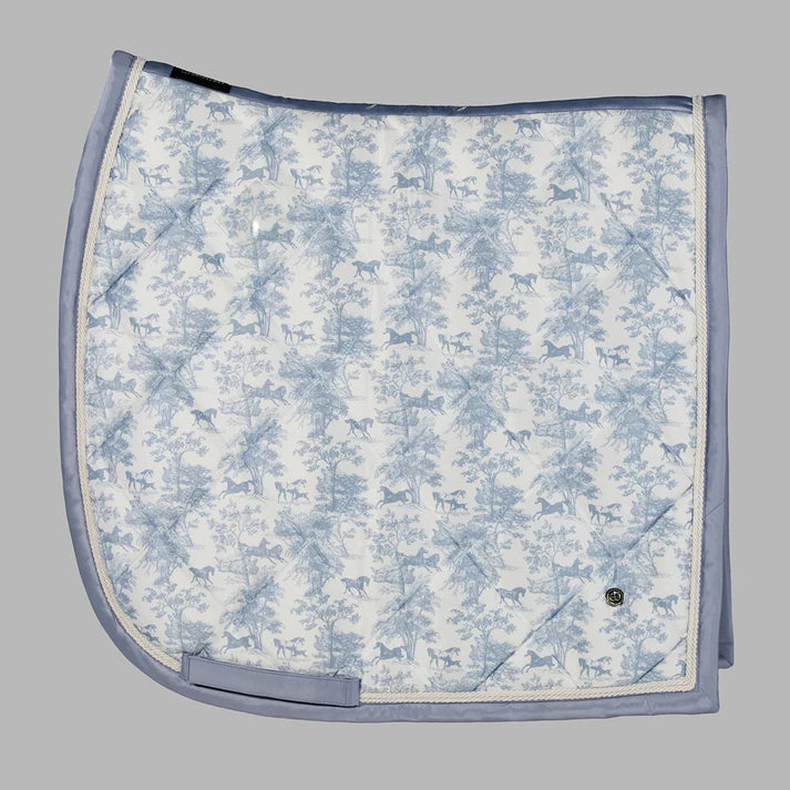 Dapplebay Equestrian Toile Dressage Saddle Pad in Moonrise featuring a heritage-inspired equestrian toile print with breathable bamboo mesh lining.
