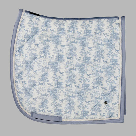 Dapplebay Equestrian Toile Dressage Saddle Pad in Moonrise featuring a heritage-inspired equestrian toile print with breathable bamboo mesh lining.